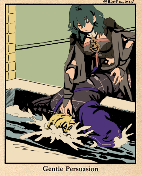 1boy, 1girl, armor, ascot, asphyxiation, blonde_hair, blue_hair, female_byleth_(fire_emblem)