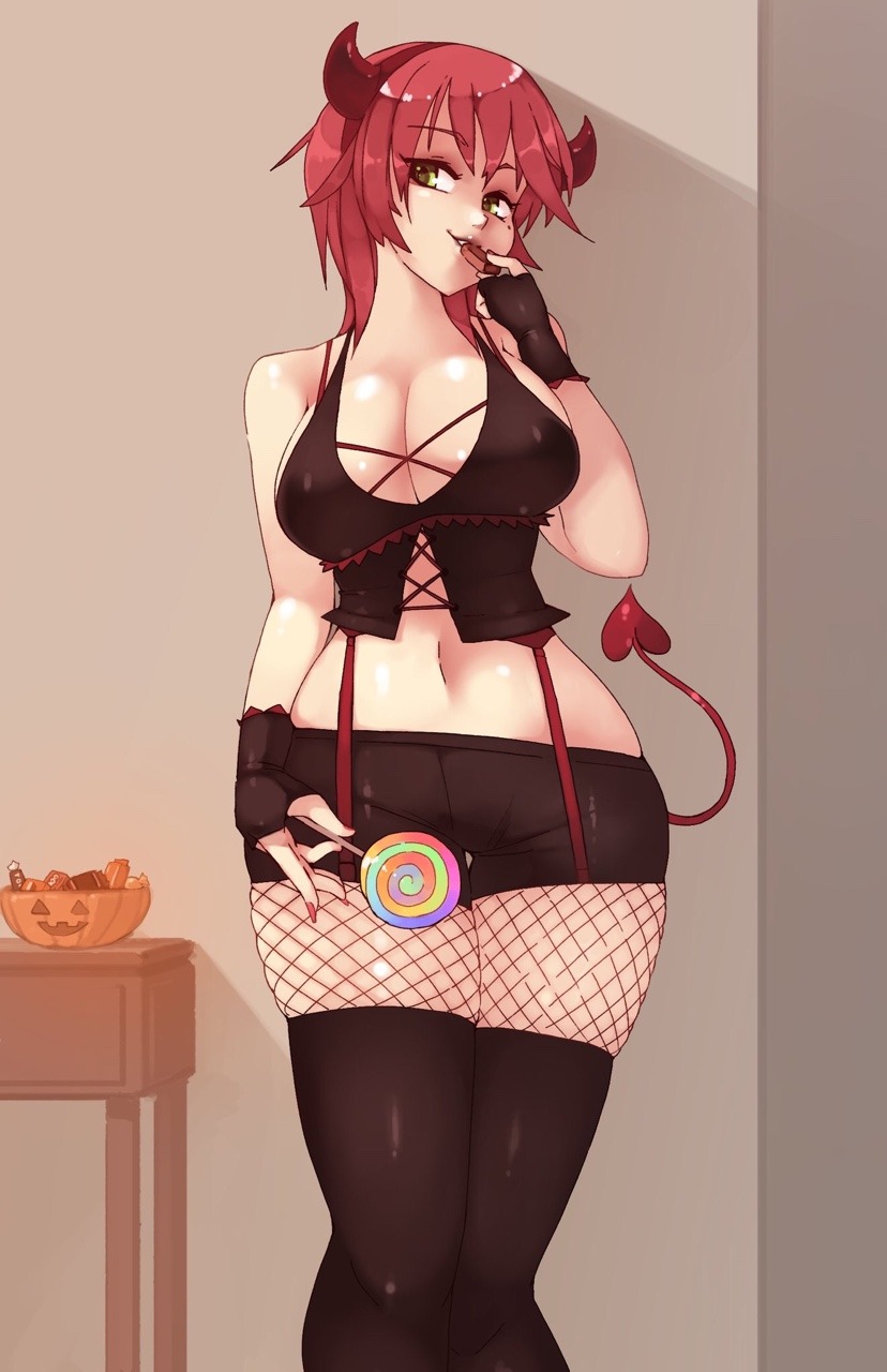 1girl, bare_shoulders, black_pantyhose, black_shorts, breasts, candy, cleavage, curvy