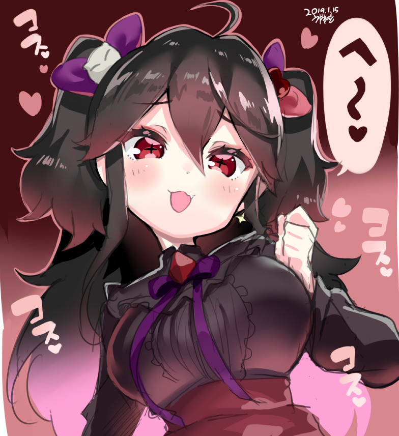 :3, :d, ahoge, black_dress, black_hair, blush, bow, breasts