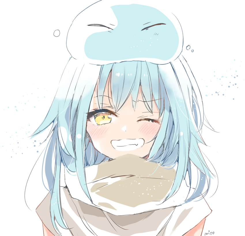 1other, blue_hair, blush, commentary_request, fang, grin, highres, long_hair