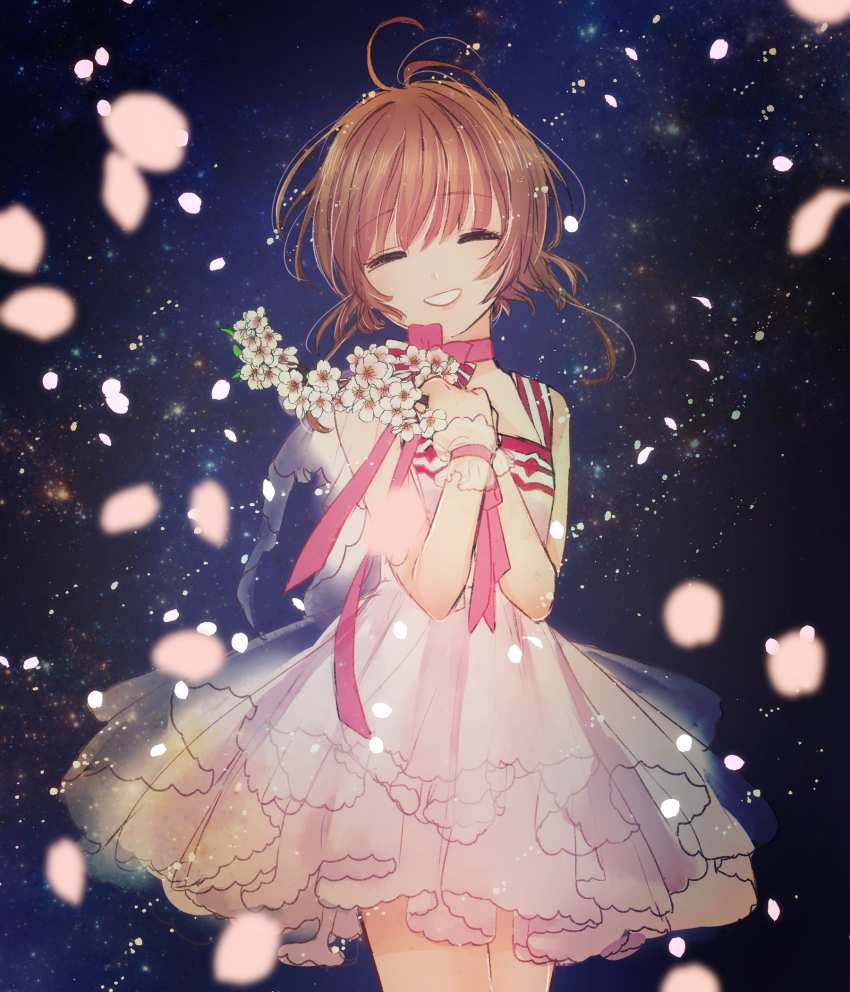 1girl, antenna_hair, bad_id, bad_pixiv_id, brown_hair, cardcaptor_sakura, choker, closed_eyes, cowboy_shot, dress, female_focus, flower, grin, highres, holding, holding_flower, kinomoto_sakura, layered_dress, pink_ribbon, ribbon, ribbon_choker, sakuramoti0511, see-through_clothes, short_dress, short_hair, sleeveless, sleeveless_dress, smile, solo, standing, white_dress, white_flower