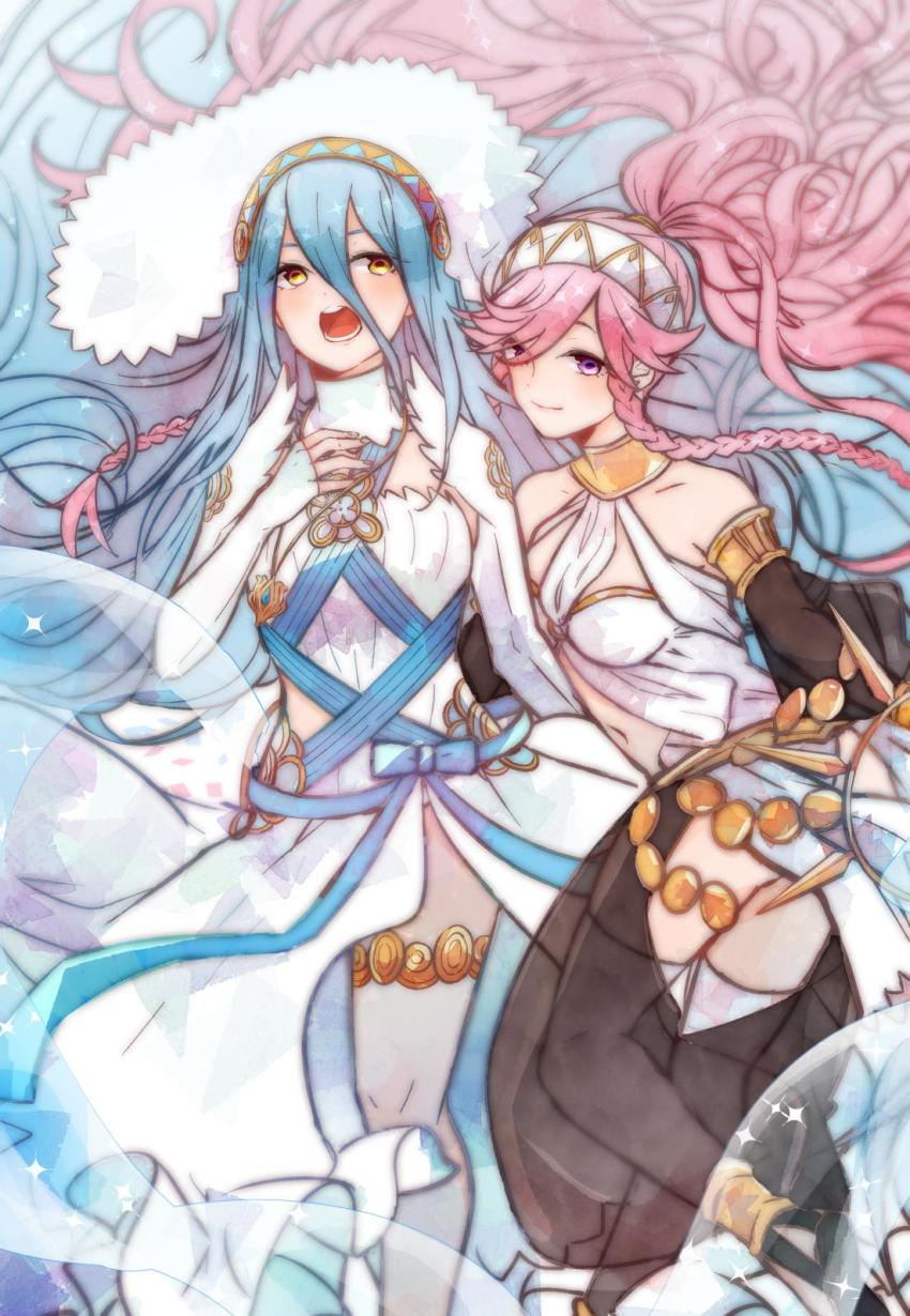 2girls, azura_(fire_emblem), blue_hair, braid, closed_mouth, dress, fingerless_gloves, fire_emblem, fire_emblem_awakening, fire_emblem_fates, gloves, hair_between_eyes, hair_spread_out, hairband, highres, hzokki, jewelry, long_hair, multiple_girls, nintendo, olivia_(fire_emblem), open_mouth, pendant, pink_eyes, pink_hair, smile, twin_braids, veil, white_dress, white_gloves, white_legwear, yellow_eyes