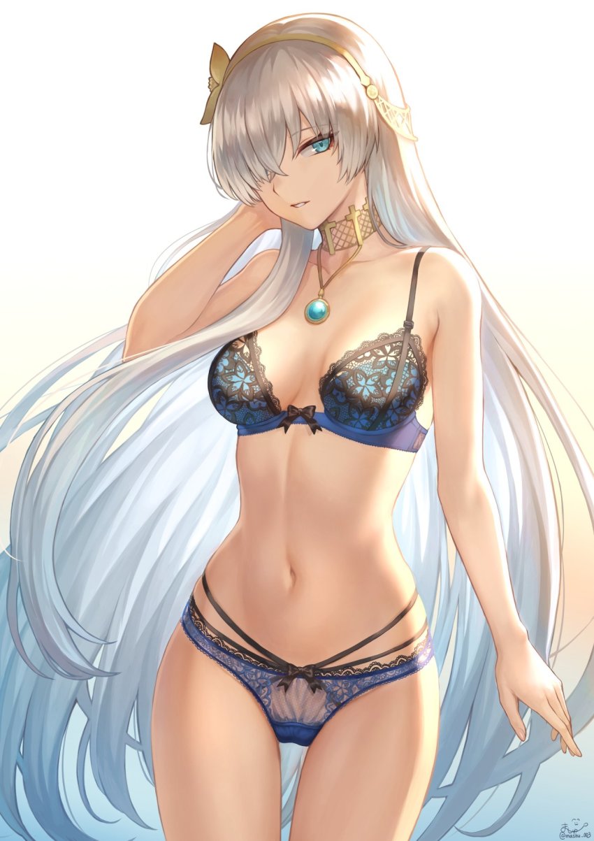 1girl, anastasia_(fate), aqua_gem, arm_at_side, bare_shoulders, blue_eyes, blue_panties, blush