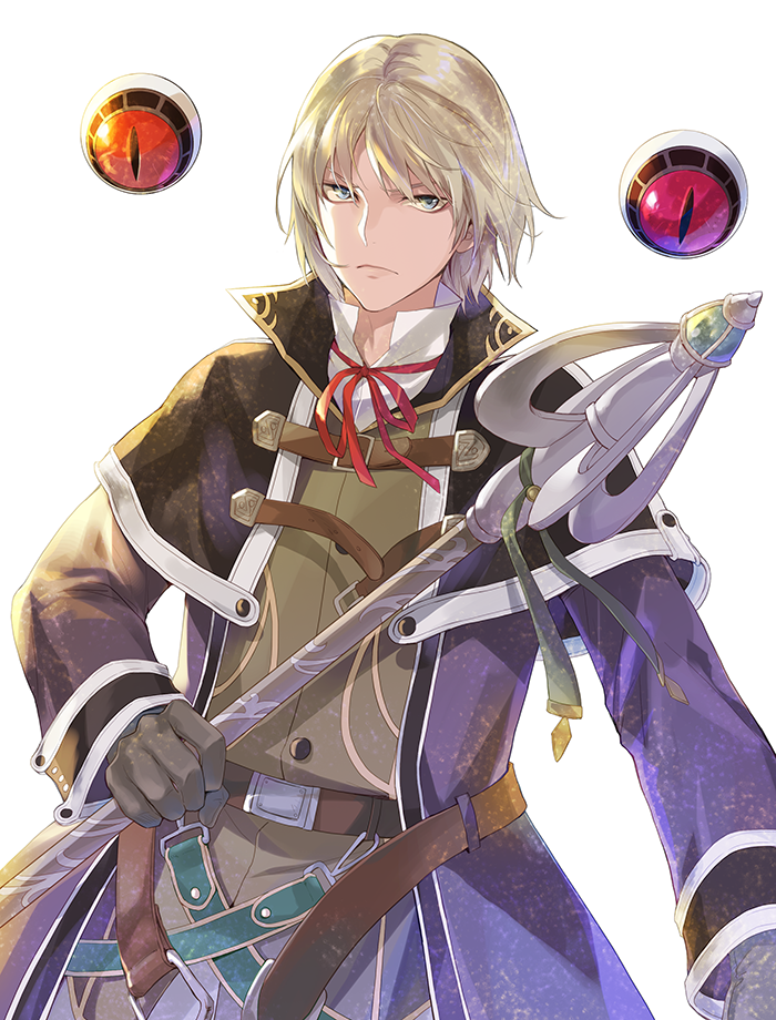 1boy, belt, black_coat, black_gloves, blonde_hair, cloak, closed_mouth, coat, collared_shirt, eyeball, falcom, glaring, gloves, holding, holding_weapon, hugo_fact, isa_(peien516), looking_at_viewer, male_focus, orb, red_ribbon, ribbon, shirt, solo, staff, weapon, white_background, ys, ys_origin