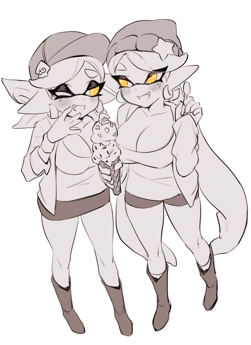 +_+, 2girls, ;d, bad_id, bad_twitter_id, baseball_cap, beanie, blush, boots, breasts, callie_(agent_1_casual)_(splatoon), callie_(splatoon), cleavage, commission, cousins, earrings, fang, food, hand_up, hat, hat_ornament, highres, ice_cream, ice_cream_cone, inkling, jacket, jewelry, jtveemo, large_breasts, long_hair, long_sleeves, looking_at_another, marie_(agent_2_casual)_(splatoon), marie_(splatoon), miniskirt, mole, mole_under_eye, multiple_girls, nintendo, one_eye_closed, open_clothes, open_jacket, open_mouth, pointy_ears, shirt, short_hair, shorts, simple_background, skirt, smile, splatoon_(series), splatoon_2, spoon, spot_color, squid, star_(symbol), suction_cups, symbol-shaped_pupils, tentacle_hair, very_long_hair, white_background, yellow_eyes
