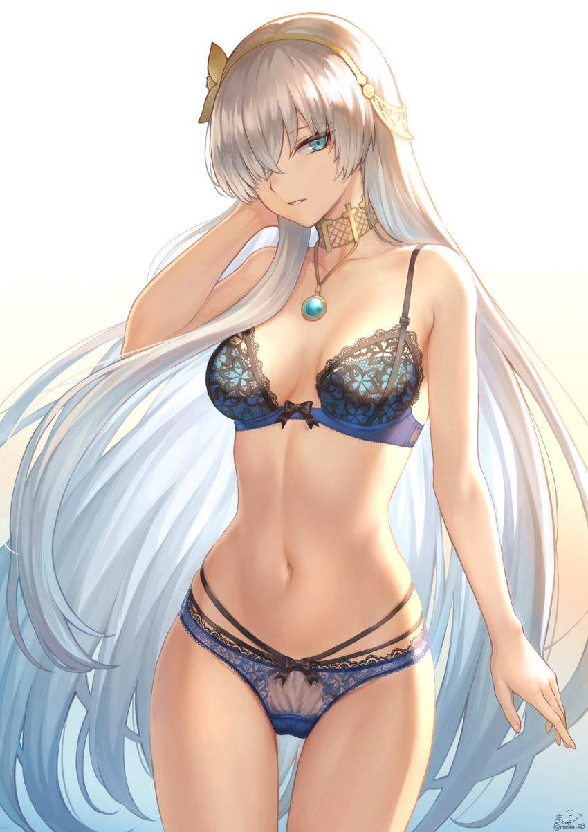 1girl, anastasia_(fate), aqua_gem, arm_at_side, bare_shoulders, blue_bra, blue_eyes, blue_panties