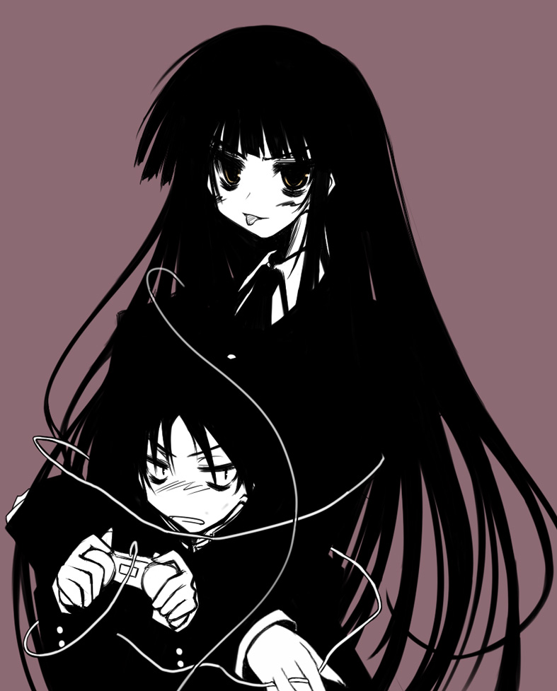 1boy, 1girl, :p, female_protagonist_(houkago_play), houkago_play, koka_(pixiv135454), long_hair, male_protagonist_(houkago_play), tongue, tongue_out, very_long_hair