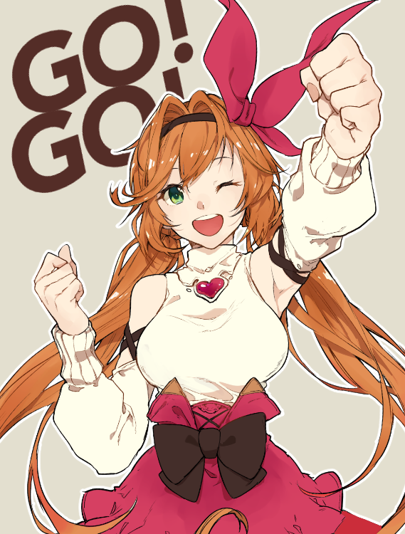 1girl, alternate_costume, arm_up, armpits, bare_shoulders, black_bow, bow, breasts, clarisse_(granblue_fantasy), clarisse_(valentine)_(granblue_fantasy), detached_sleeves, female_focus, granblue_fantasy, green_eyes, hair_bow, hairband, high-waist_skirt, kaitara_deru, long_hair, low_twintails, medium_breasts, one_eye_closed, open_mouth, orange_hair, red_bow, skirt, solo, twintails