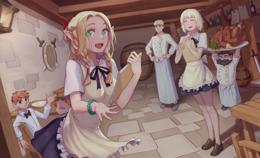 2girls, 3boys, :d, absurdres, alternate_costume, apron, arms_up, barrel, beard, black_eyes, black_hair, blonde_hair, blush, bottle, bow, bowtie, bracelet, braid, chair, chilchuck_tims, closed_eyes, commentary_request, dungeon_meshi, facial_hair, falin_touden, falin_touden_(tallman), farin_(dungeon_meshi), freckles, green_eyes, hands_on_own_hips, highres, indoors, jewelry, laios_touden, lantern, long_sleeves, looking_at_viewer, marcille_donato, multiple_boys, multiple_girls, mustache, neck_ribbon, open_mouth, orange_hair, pointy_ears, ribbon, senshi_(dungeon_meshi), shield, shirt, short_hair, sitting, smile, standing, sword, twin_braids, weapon, white_shirt, yashi_kano_ko, yellow_eyes