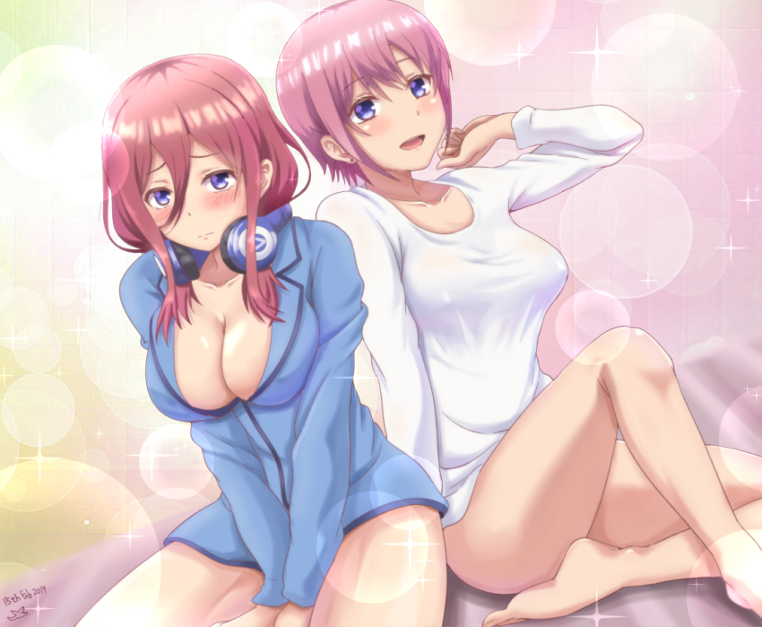 2girls, :d, barefoot, between_legs, blue_shirt, blush, breasts, cleavage