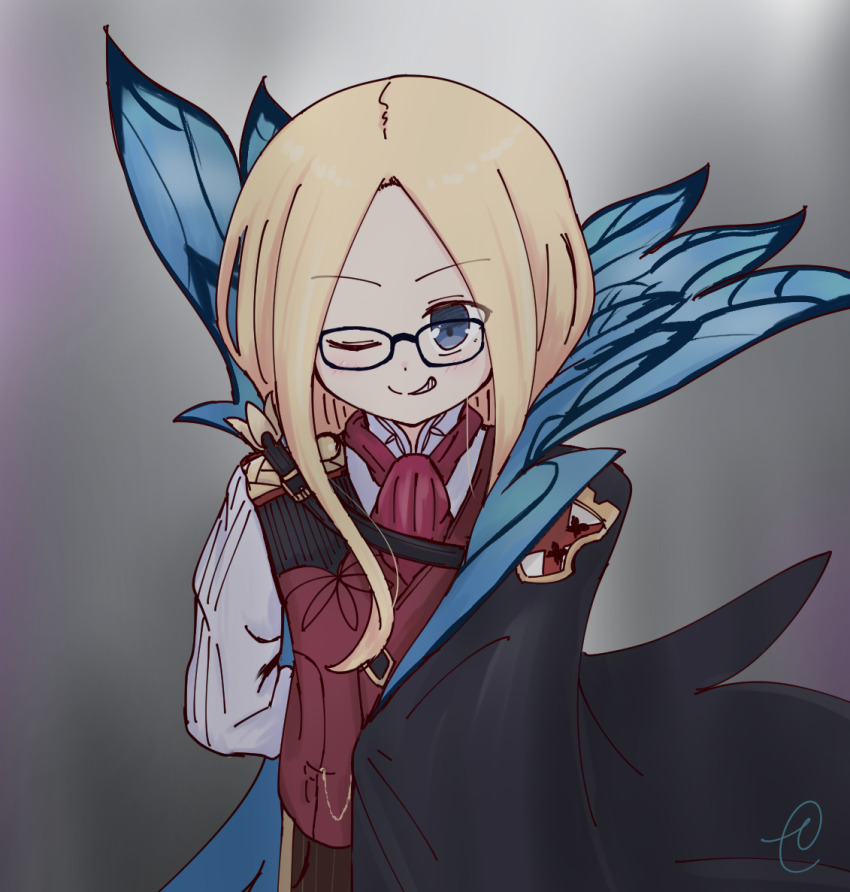 1girl, abigail_williams_(fate), arm_behind_back, black-framed_eyewear, black_cape, blonde_hair, blue_cape, blue_eyes
