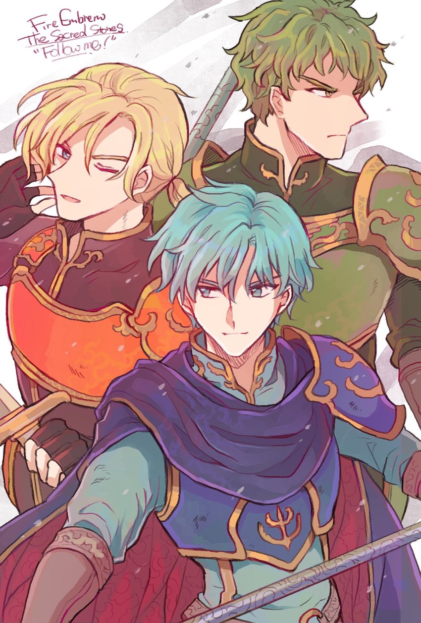 3boys, armor, blonde_hair, blue_eyes, blue_hair, cape, elbow_gloves, ephraim_(fire_emblem)