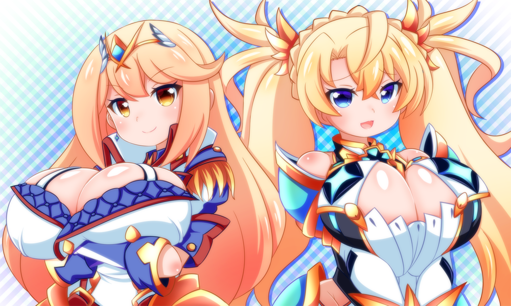 2girls, bare_shoulders, blonde_hair, blue_background, blue_eyes, bradamante_(fate), bradamante_(fate)_(cosplay), bradamante_(second_ascension)_(fate)