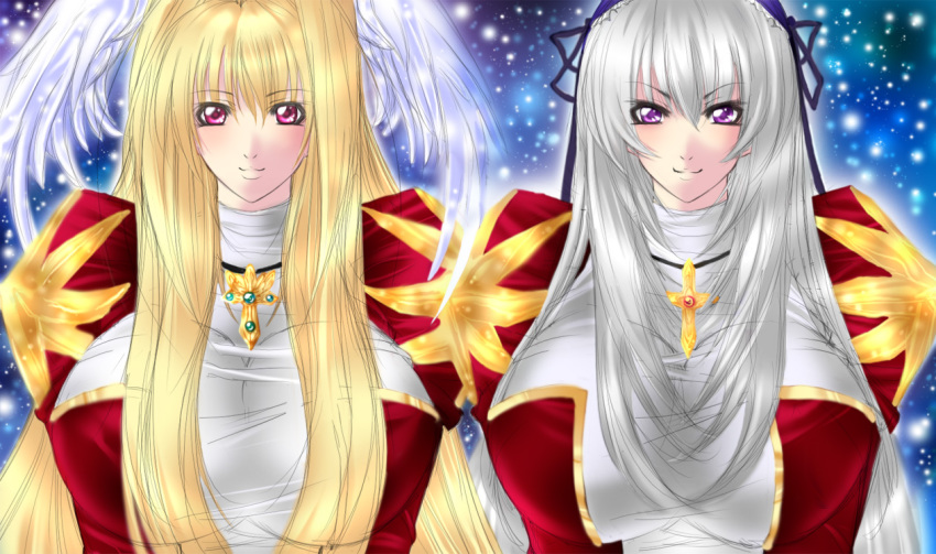 00s, 2girls, alternate_breast_size_(larger), blonde_hair, breasts, cross, high_priest_(ragnarok_online), huge_breasts