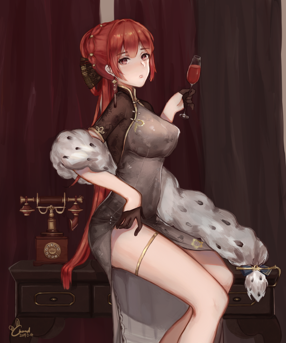 1girl, alternate_costume, antique_phone, azur_lane, black_dress, black_gloves, braid, breasts