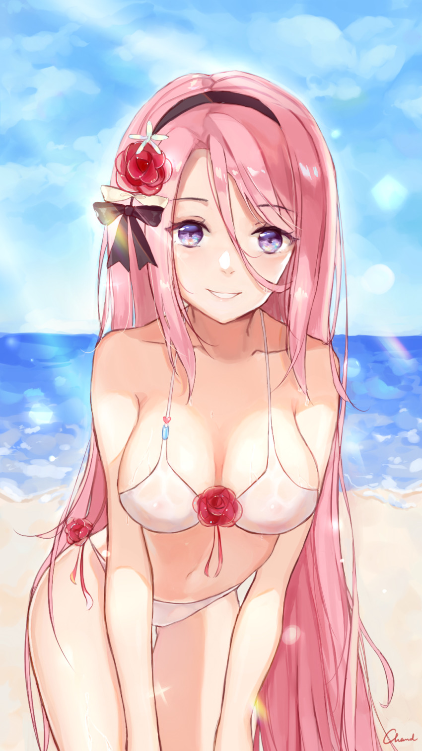 1girl, alternate_costume, artist_name, azur_lane, bare_legs, beach, bikini, bow, breasts, chand, cleavage, cloud, cloudy_sky, collarbone, cowboy_shot, day, female_focus, flower, gluteal_fold, hair_between_eyes, hair_bow, hair_flower, hair_ornament, hairband, highres, leaning_forward, lexington_(azur_lane), long_hair, looking_at_viewer, medium_breasts, navel, ocean, parted_bangs, parted_lips, pink_hair, purple_eyes, signature, sky, smile, solo, standing, straight_hair, swimsuit, wet, white_bikini