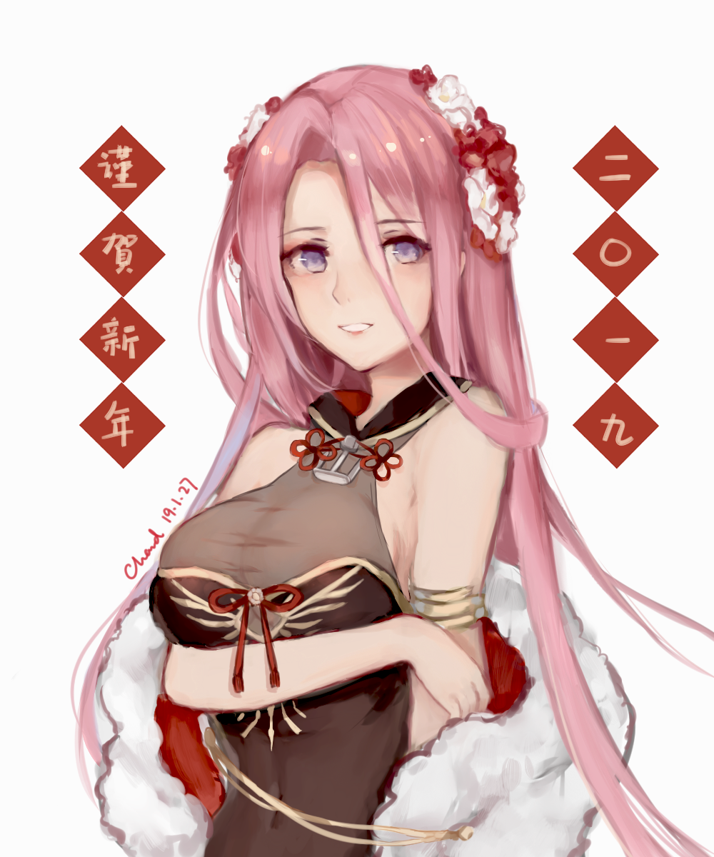 1girl, 2019, alternate_costume, anchor_symbol, arm_under_breasts, armlet, artist_name, azur_lane