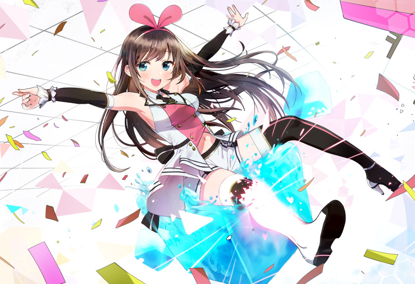 :d, armpits, arms_up, bare_shoulders, blue_eyes, blush, boots, breasts, brown_hair, confetti, detached_sleeves, different_shoes, glowing, hair_ribbon, high_heel_boots, high_heels, highres, kizuna_ai, kizuna_ai_(elegant), kizuna_ai_inc., long_hair, looking_at_viewer, medium_breasts, multicolored_hair, navel, open_mouth, outstretched_arms, pink_hair, pink_ribbon, ribbon, seicoh, shorts, smile, solo, streaked_hair, thigh_boots, thighhighs, two-tone_hair, very_long_hair, virtual_youtuber, white_shorts