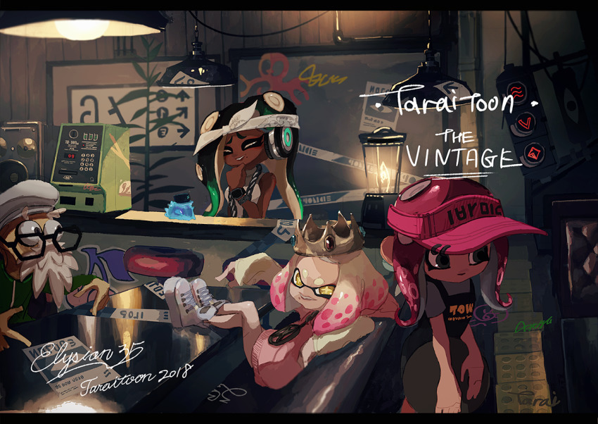 +_+, 1boy, 2018, 3girls, ^_^, apron, arm_behind_head, arm_up, bandana, beard, black-framed_eyewear, black_apron, black_eyes, black_hair, blender_(object), c.q._cumber_(splatoon), cap'n_cuttlefish, chain, chain_necklace, closed_eyes, commander_tartar, crown, dark_skin, facial_hair, furrowed_brow, gem, glasses, green_eyes, green_jacket, hand_up, hat, headphones, indoors, inkling, jacket, jewelry, long_hair, long_sleeves, looking_at_viewer, marina_(dj_hyperfresh)_(splatoon), marina_(splatoon), mole, mole_under_eye, multicolored_hair, multiple_girls, necklace, nintendo, octoling, octoling_girl, octoling_player_character, old, old_man, open_mouth, pearl_(mc.princess)_(splatoon), pearl_(splatoon), phone, pink_hair, pink_hat, plant, sea_cucumber, short_hair, short_sleeves, signature, sitting, sleeveless, smile, splatoon_(series), splatoon_2, splatoon_2:_octo_expansion, suction_cups, symbol-shaped_pupils, table, tarai_(silica5), teeth, tentacle_hair, track_jacket, traffic_light, two-tone_hair, visor_cap, white_footwear, white_hair, white_hat, wooden_wall, yellow_eyes