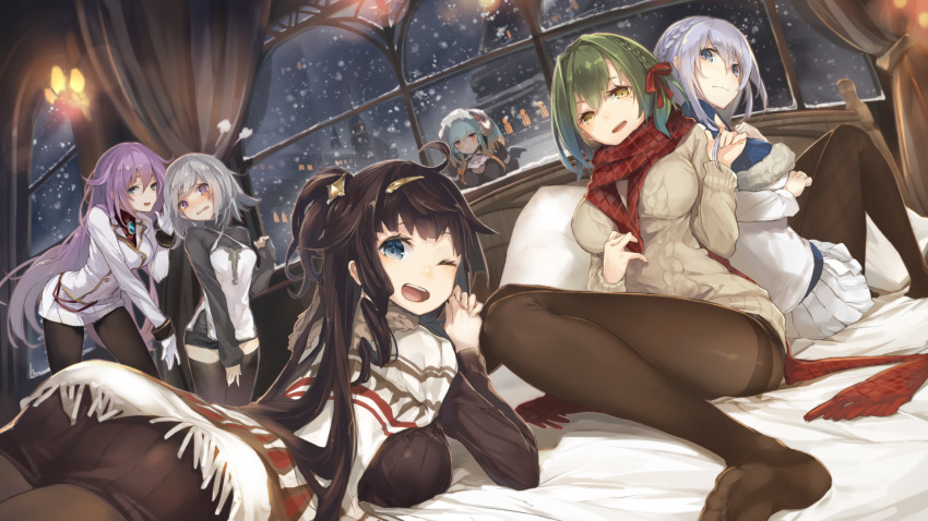 6+girls, ;d, aran_sweater, ass, back-to-back, bed, black_legwear, blue_eyes
