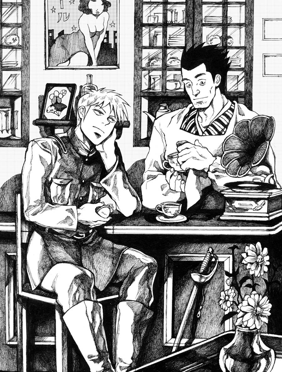 2boys, akagi:_yami_ni_oritatta_tensai, akagi_shigeru, bottle, bud_(korovsme), cup, cupboard, flower