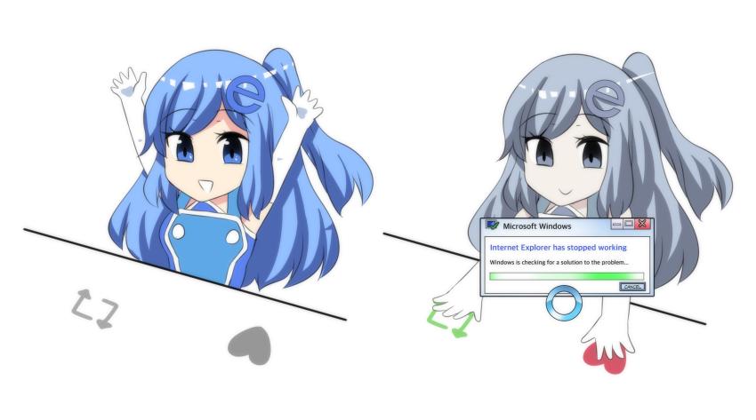 1girl, :d, arms_up, blue_hair, bongo_cat_(meme), buffering, closed_mouth, elbow_gloves, english_text, error_message, gloves, hair_ornament, heart, highres, hinghoi, internet_explorer, long_hair, meme, microsoft_windows, multiple_views, one_side_up, open_mouth, os-tan, smile, swept_bangs, white_gloves