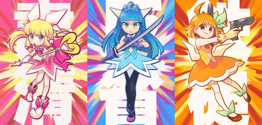 3girls, ahoge, azuchimomoyama_kurumi, bad_id, bad_pixiv_id, ballet_slippers, blonde_hair, blue_eyes