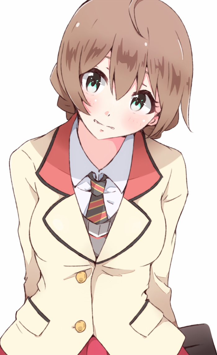 1girl, ahoge, arms_behind_back, beige_jacket, blazer, blush, brown_hair, collared_shirt