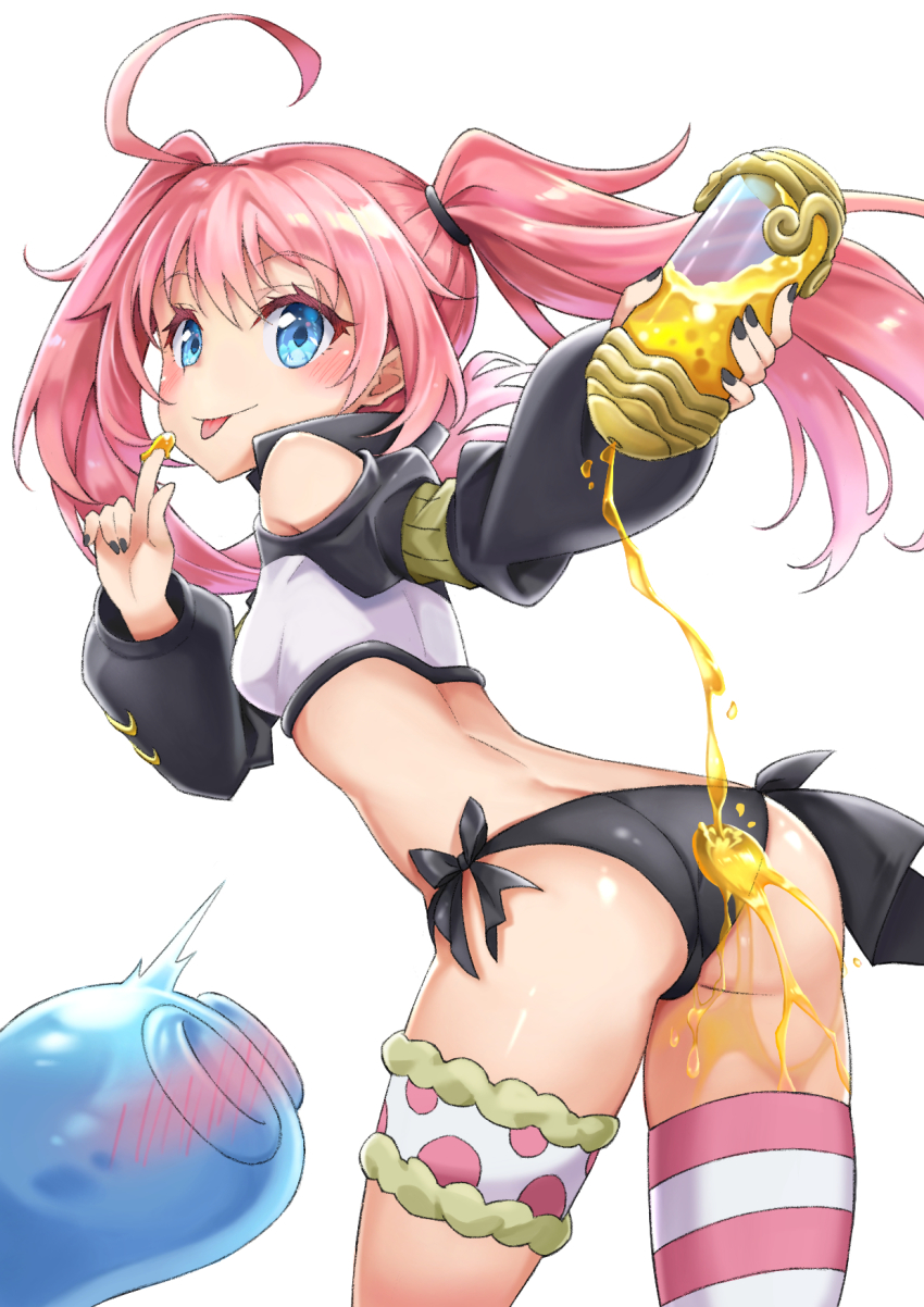 1girl, ass, asymmetrical_legwear, black_panties, blue_eyes, female_focus, highres, honey, loli, milim_nava, panties, side-tie_panties, slime_(creature), solo, spill, striped_clothes, striped_thighhighs, tensei_shitara_slime_datta_ken, thighhighs, twintails, underwear, uneven_legwear, xuan_chu