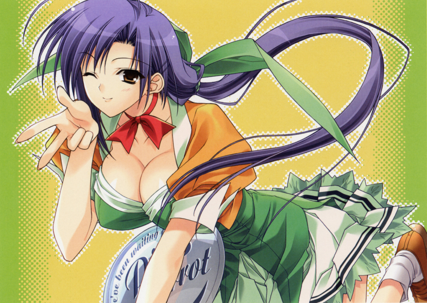 1990s_(style), 1girl, ahoge, blue_hair, bow, bowtie, breasts, brown_eyes