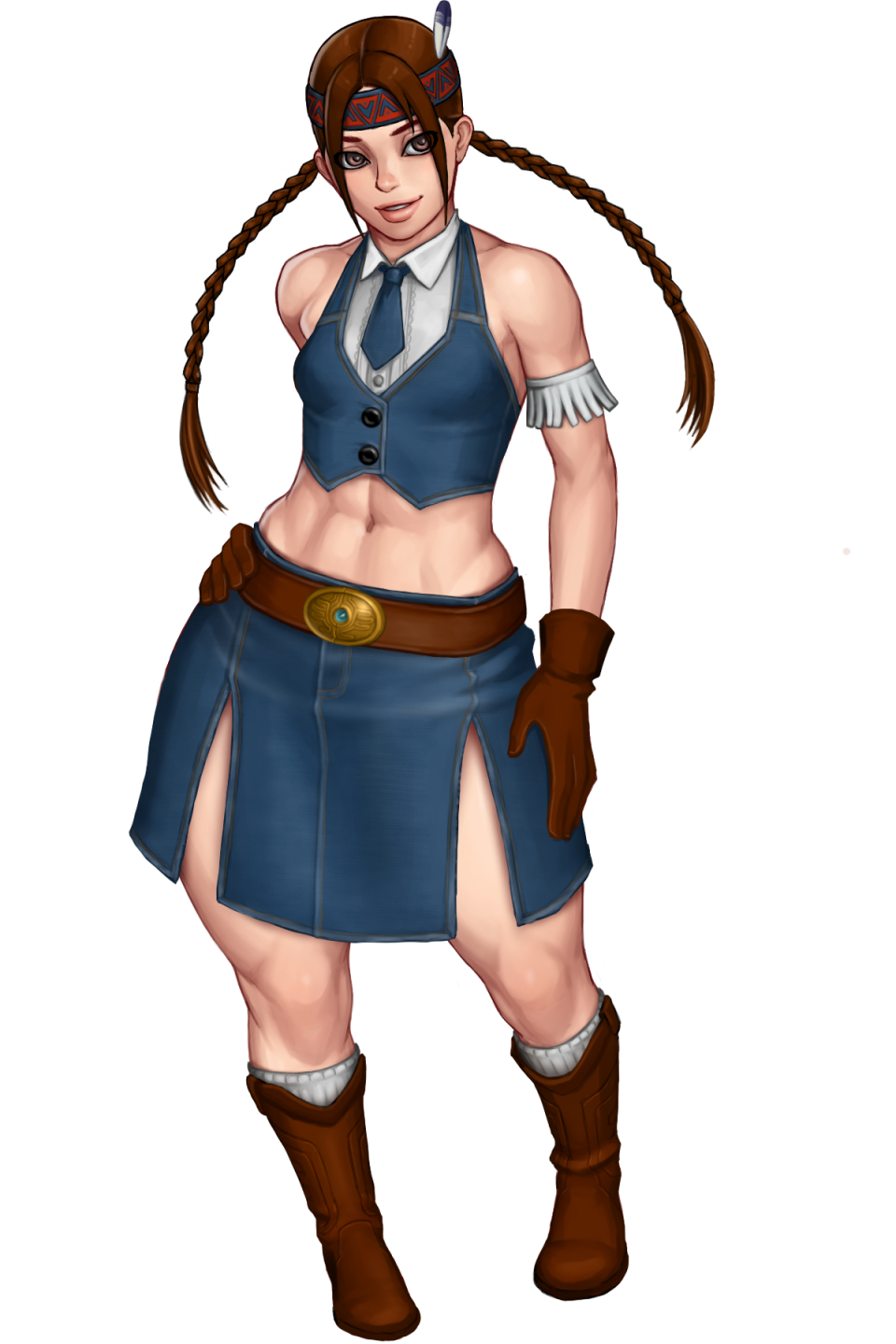 1girl, abs, bare_shoulders, belt, belt_buckle, boots, braid, breasts, brown_eyes, brown_gloves, brown_hair, buckle, buttons, commentary_request, cowboy_boots, crop_top, denim, denim_skirt, denim_vest, feather_hair_ornament, feathers, female_focus, full_body, gem, gloves, hair_ornament, hanakuso_hojiri_mashin, hand_on_own_hip, headband, headdress, highres, julia_chang, leather, leather_gloves, lips, long_hair, long_skirt, midriff, namco, native_american, native_american_clothes, native_american_headdress, navel, necktie, nose, parted_bangs, shirt, side_slit, skirt, sleeveless, sleeveless_shirt, small_breasts, smile, socks, solo, tekken, toned, toned_female, twin_braids, vest, white_background, wide_hips