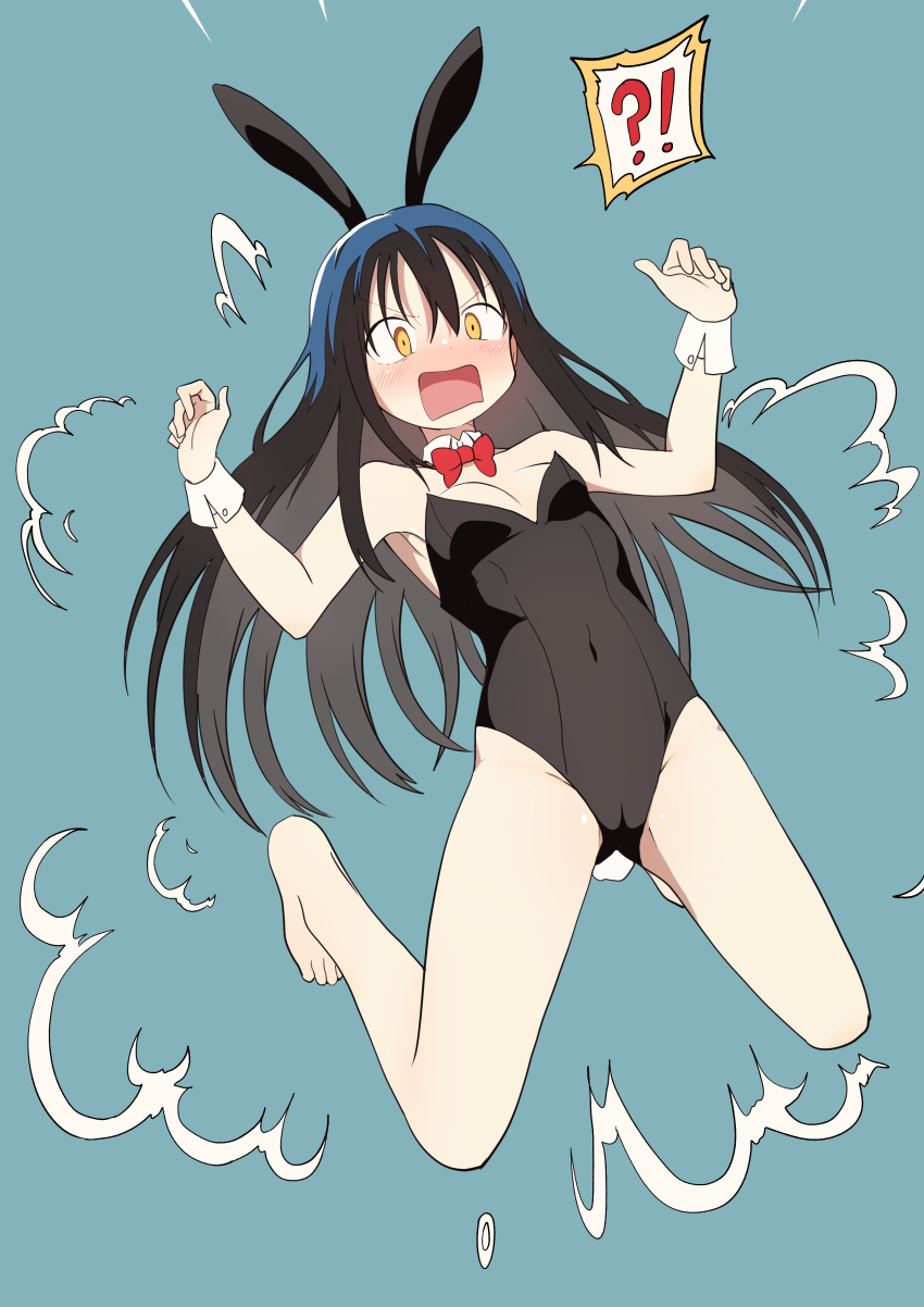 !?, 1girl, :o, absurdres, animal_ears, aqua_background, black_hair, black_leotard