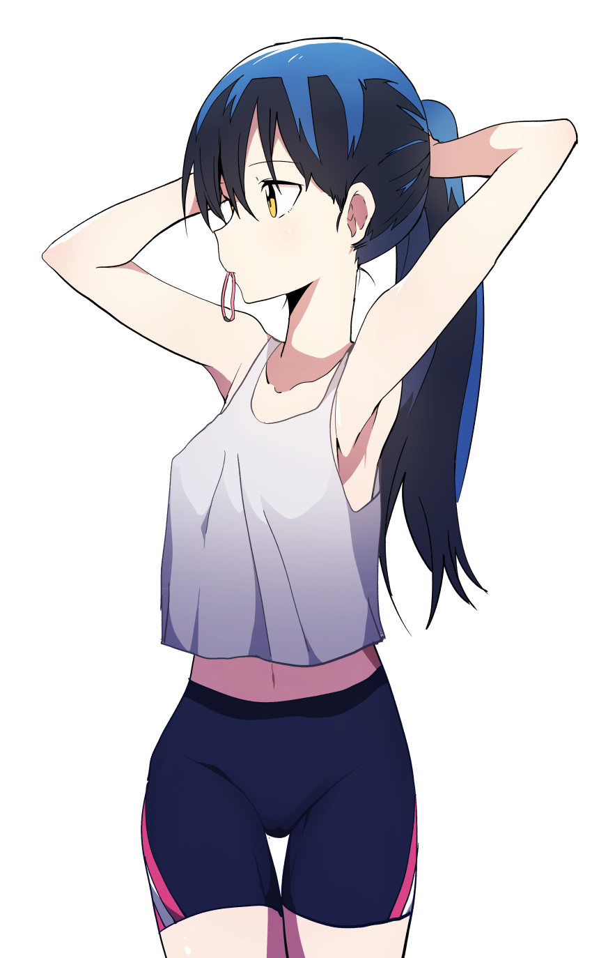 1girl, absurdres, adjusting_hair, armpits, arms_behind_head, arms_up, bike_shorts, black_hair