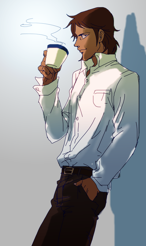 1boy, brown_hair, collared_shirt, dark-skinned_male, dark_skin, dress_shirt, hand_in_pocket, hyakujuu-ou_golion