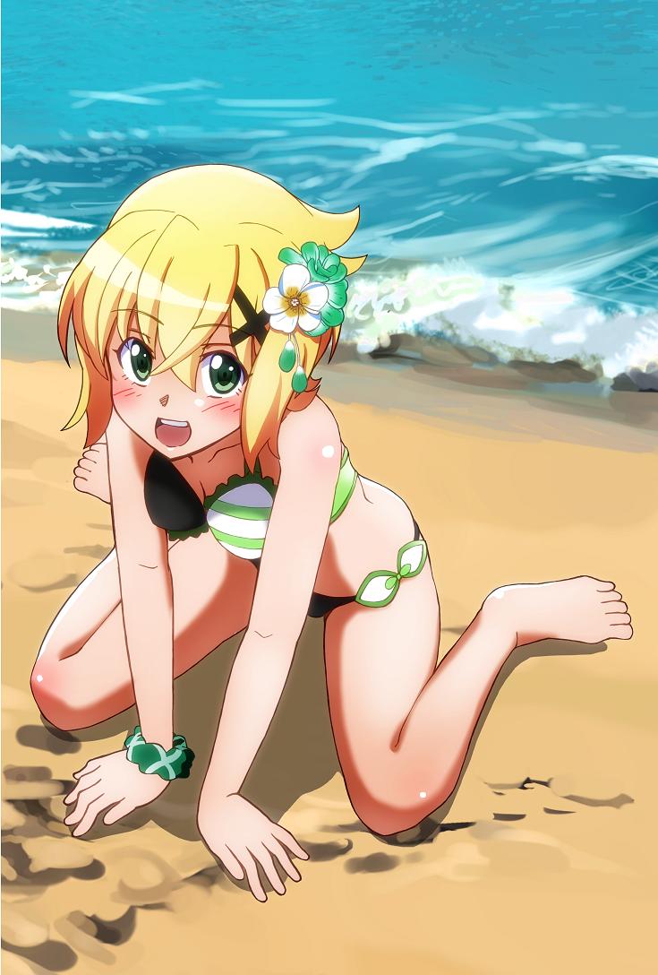 1girl, akatsuki_kirika, beach, bikini, blonde_hair, blush, breasts, commentary_request