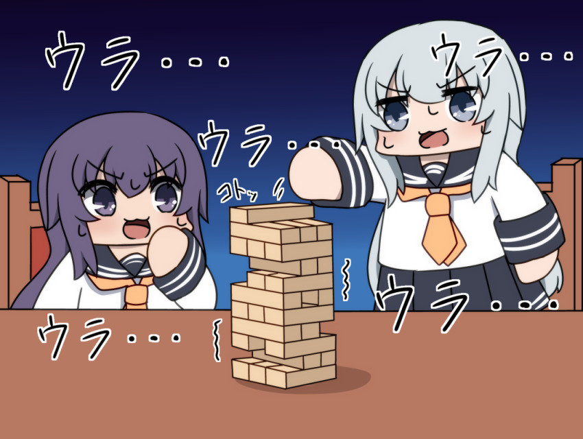 2girls, akatsuki_(kancolle), black_skirt, blue_eyes, blush, bokota_(bokobokota), chair, chibi