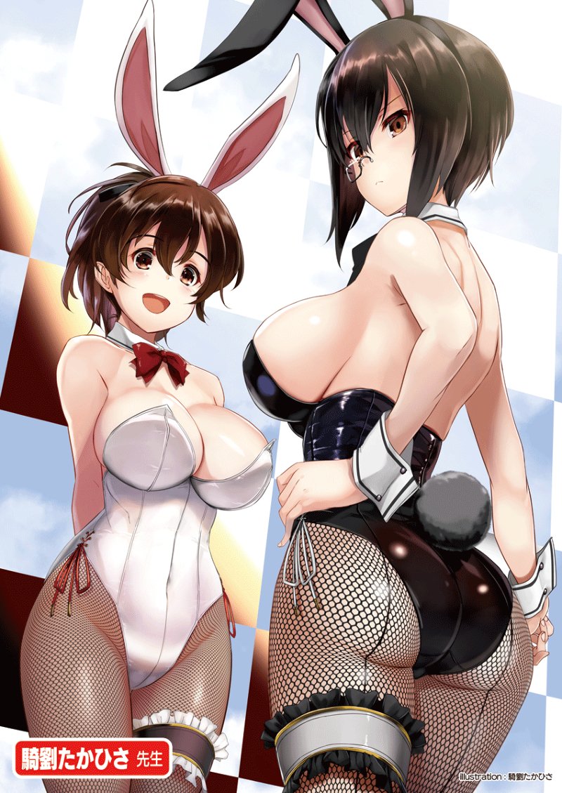 2girls, animal_ears, ass, black_hair, black_leotard, black_neckwear, bow, bowtie