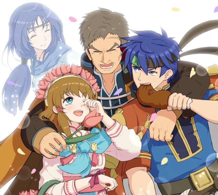 2boys, armor, blue_eyes, blue_hair, blush, brown_hair, cape, closed_eyes, eating, elena_(fire_emblem), father_and_child, father_and_daughter, father_and_son, fire_emblem, fire_emblem:_path_of_radiance, fire_emblem_heroes, flower, food, gloves, gonzarez, green_eyes, greil, greil_(valentine), hair_tubes, headband, hug, ike_(fire_emblem), ike_(valentine)_(fire_emblem), long_hair, mist_(fire_emblem), mist_(path_of_radiance)_(fire_emblem), mist_(valentine)_(fire_emblem), mother_and_child, mother_and_daughter, mother_and_son, multiple_boys, nintendo, one_eye_closed, open_mouth, parent_and_child, petals, scarf, short_hair, simple_background, smile, sword, tears, valentine, weapon