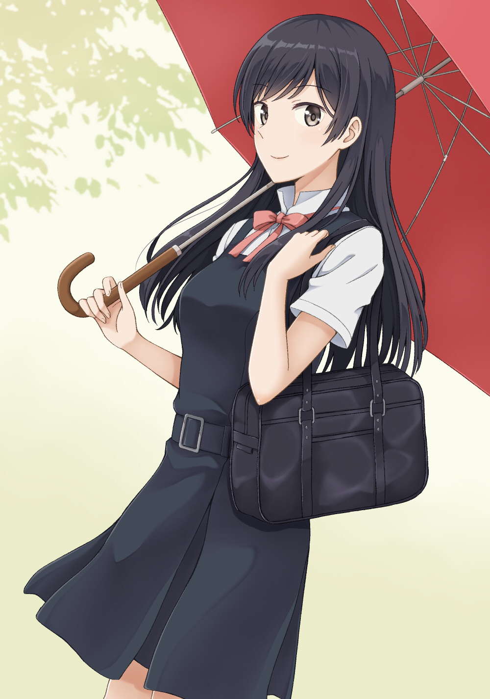 1girl, bag, black_hair, darknessukaru, dress, female_focus, highres, long_hair