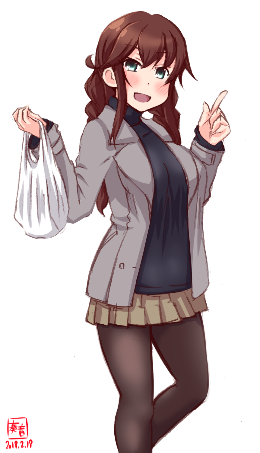 1girl, alternate_costume, artist_logo, bag, black_pantyhose, black_sweater, blazer, braid