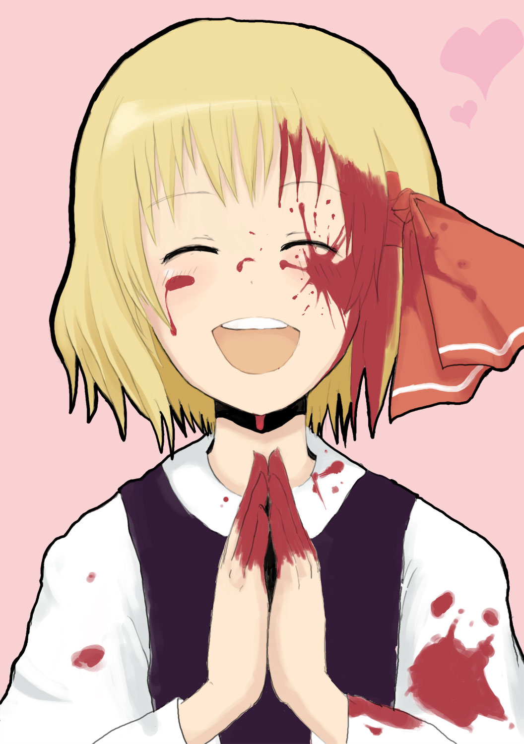 1girl, blonde_hair, blood, embodiment_of_scarlet_devil, closed_eyes, female_focus, hair_ribbon, highres, itadakimasu, ribbon, rumia, shiro-inu, short_hair, smile, solo, touhou, upper_body