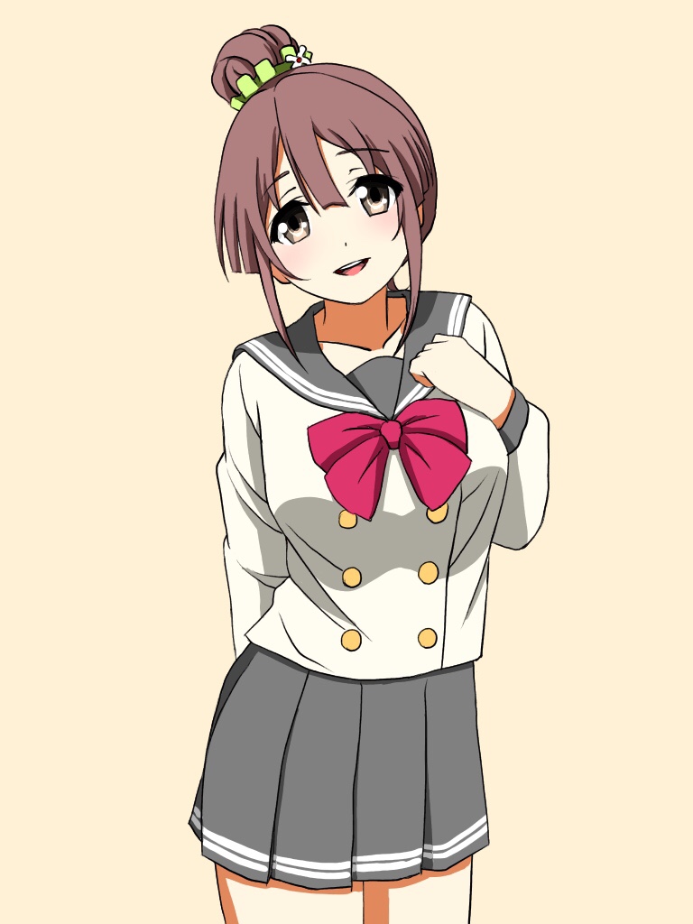 1girl, :d, arm_at_side, blush, bow, brown_eyes, brown_hair, female_focus