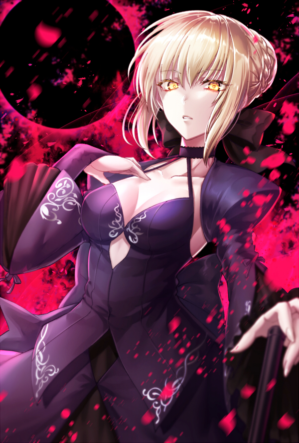 1girl, artoria_pendragon_(fate), black_bow, blonde_hair, blouse, bow, braid, braided_bun