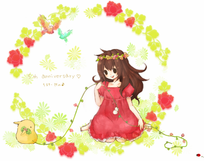 1st-mn, barefoot, bird, brown_hair, dress, flower, hair_flower, hair_ornament
