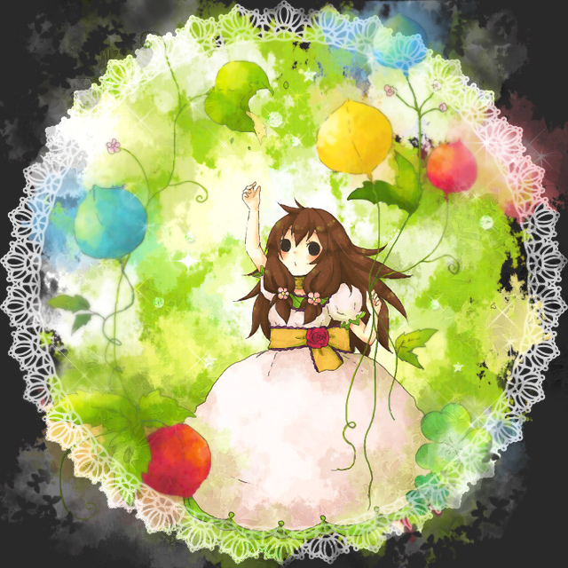 1st-mn, balloon, brown_hair, dress, flower, hair_flower, hair_ornament, rose, round_border, solo, tsubomi-chan