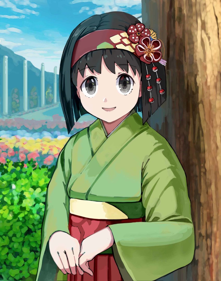 1girl, aiai_(hidetti), bad_id, bad_pixiv_id, black_eyes, black_hair, blue_sky, bob_cut, cloud, cloudy_sky, erika_(pokemon), female_focus, flower, green_kimono, gym_leader, hairband, hakama, hakama_skirt, highres, japanese_clothes, kimono, leaf, long_sleeves, looking_at_viewer, nintendo, open_mouth, outdoors, plant, pokemon, pokemon:_let's_go_pikachu!_and_let's_go_eevee!, short_hair, skirt, sky, smile, solo, upper_body