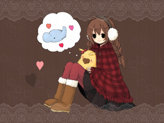 1girl, 1st-mn, blush, boots, braid, brown_background, brown_hair, candy