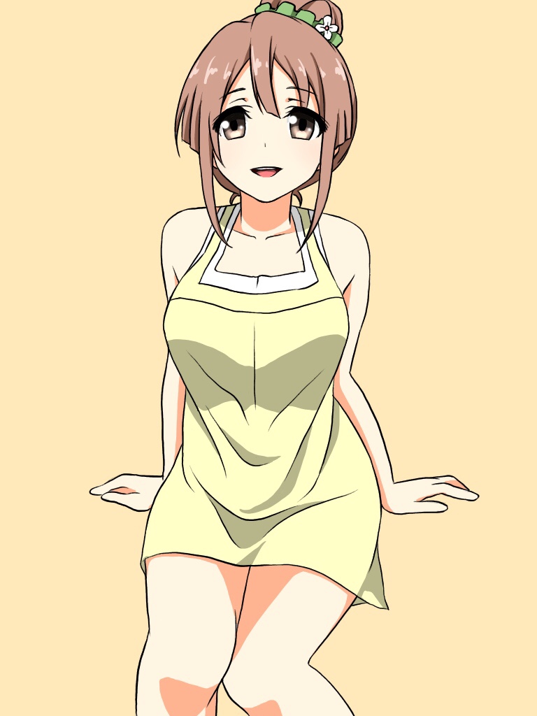 1girl, :d, brown_eyes, brown_hair, dress, feet_out_of_frame, female_focus, hair_bun