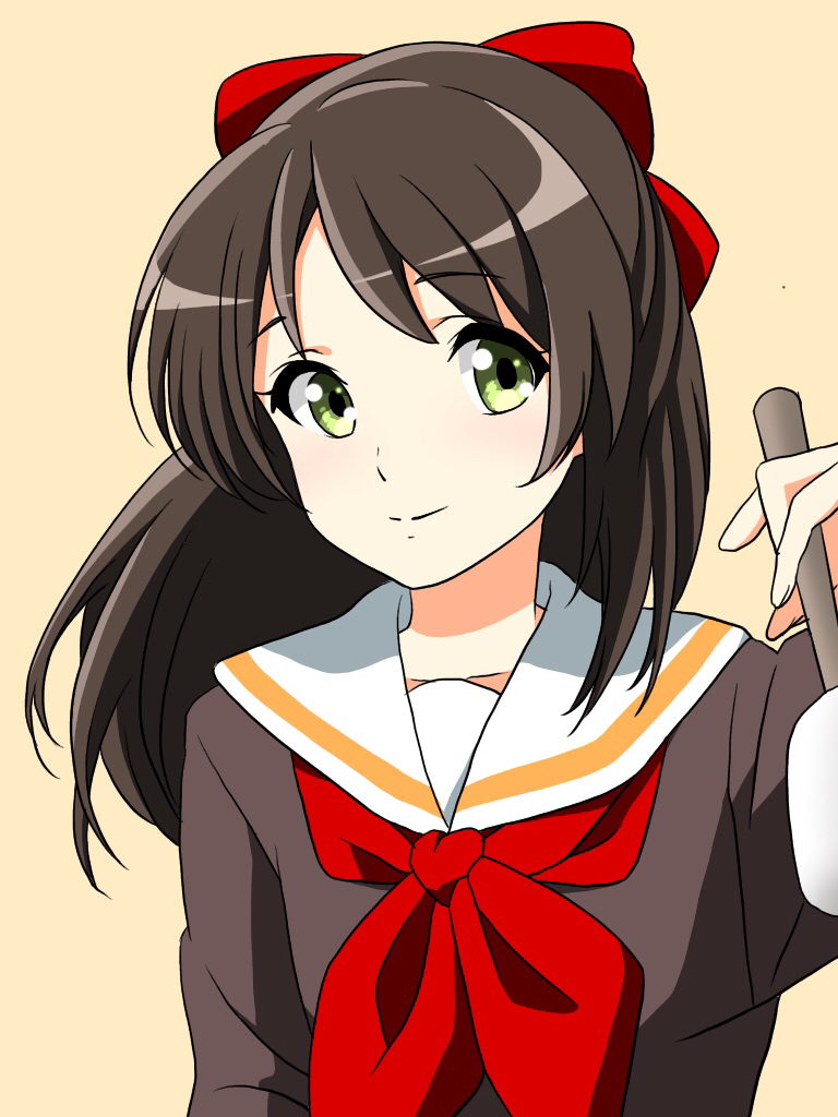 1girl, bow, female_focus, green_eyes, hair_bow, hand_up, hibike!_euphonium, looking_at_viewer