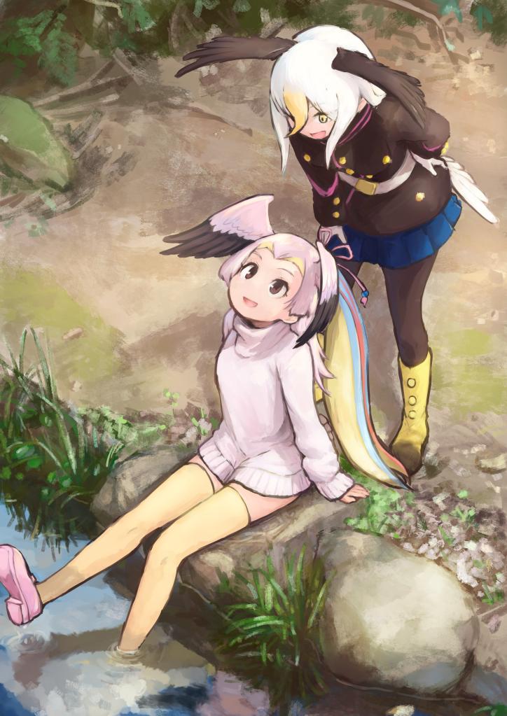 2girls, bald_eagle_(kemono_friends), belt, bird_tail, bird_wings, blonde_hair, blue_hair, boots, brown_hair, dress, epaulettes, gloves, great_white_pelican_(kemono_friends), head_wings, kemono_friends, loafers, long_hair, long_sleeves, looking_at_another, looking_up, multicolored_hair, multiple_girls, pantyhose, pink_hair, pleated_skirt, rumenia_(ao2is), sash, shoes, sitting, skirt, soaking_feet, standing, stream, sweater, sweater_dress, thighhighs, turtleneck, turtleneck_sweater, uniform, white_gloves, white_hair, wings, yellow_legwear, zettai_ryouiki